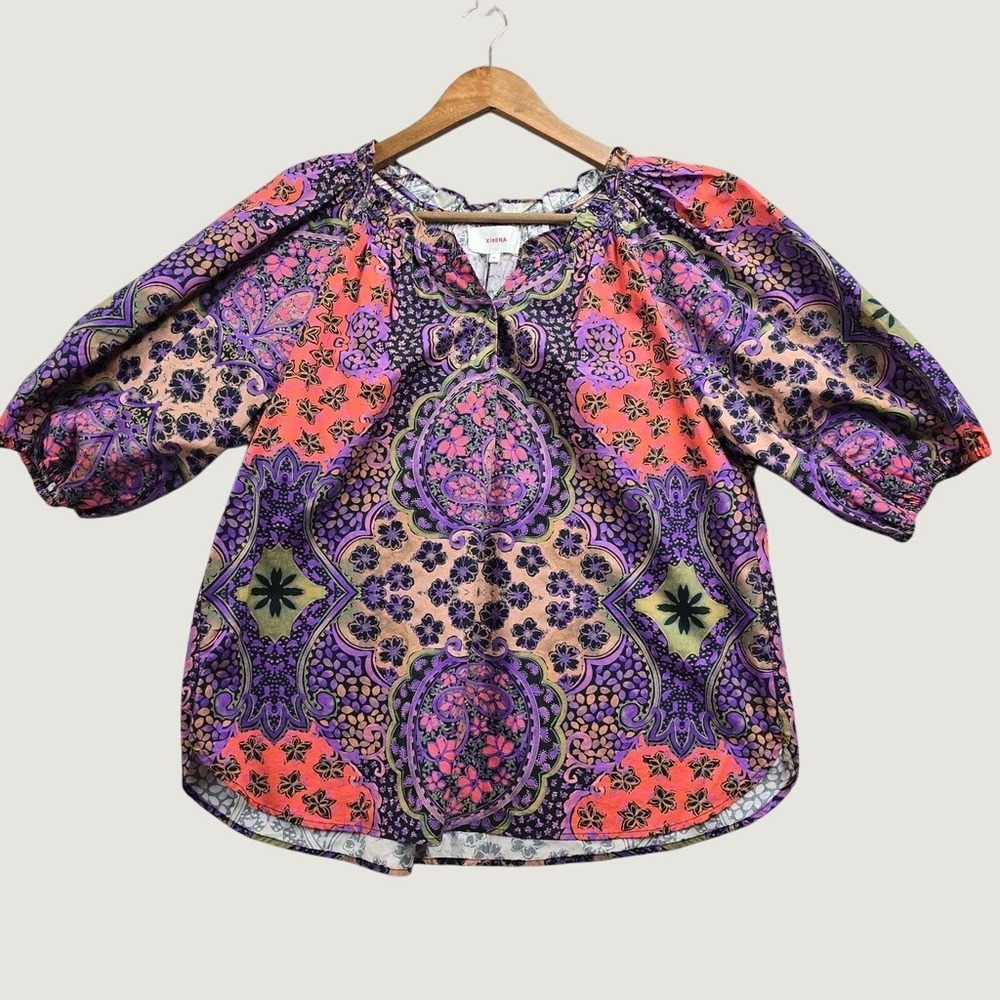Xirena Jules Top Womens Medium Black Opal Paisley Puff Sleeve Boho Blouse NWT